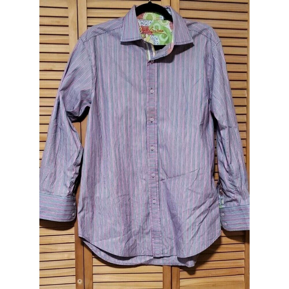 Robert Graham SIZE LARGE Button-Down Flip Cuff Shirt Grey And Pink Stripes